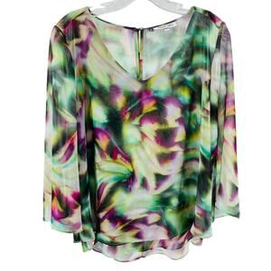 Jennifer Lopez Green Purple Psychedelic Print Layered Chiffon Bell Sleeve Top M